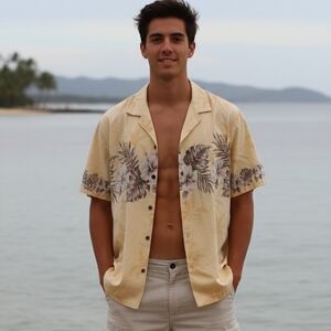 Vintage🏖Y2K KY'S MADE IN HAWAII Yellow Hawaiian Shirt 100%COTTON Sz L